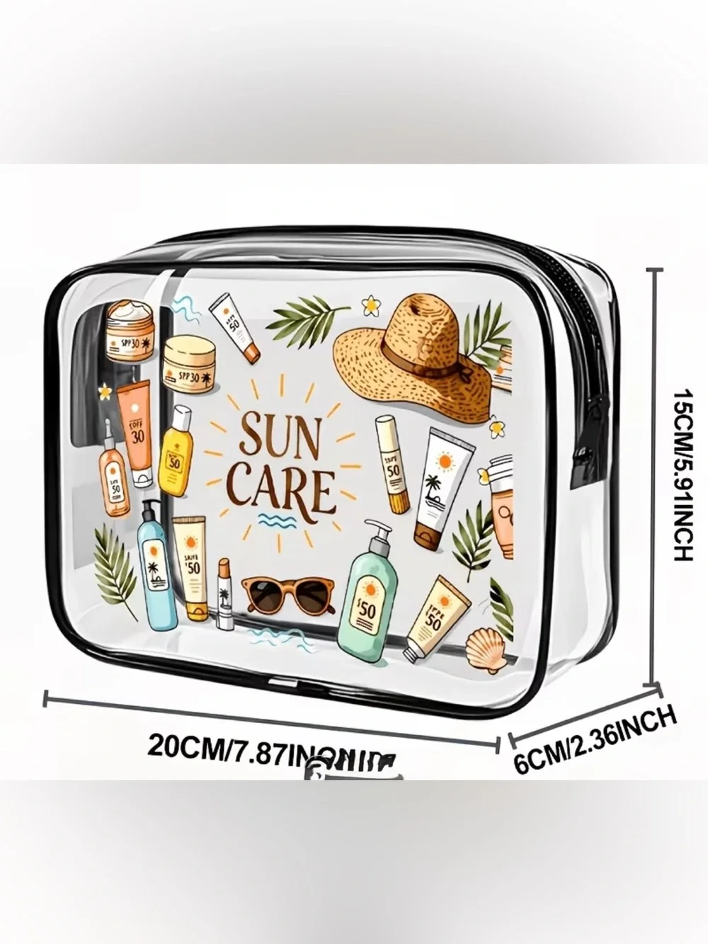 Clear Cosmetic Pouch with Beige and Tan Sun-Care Print